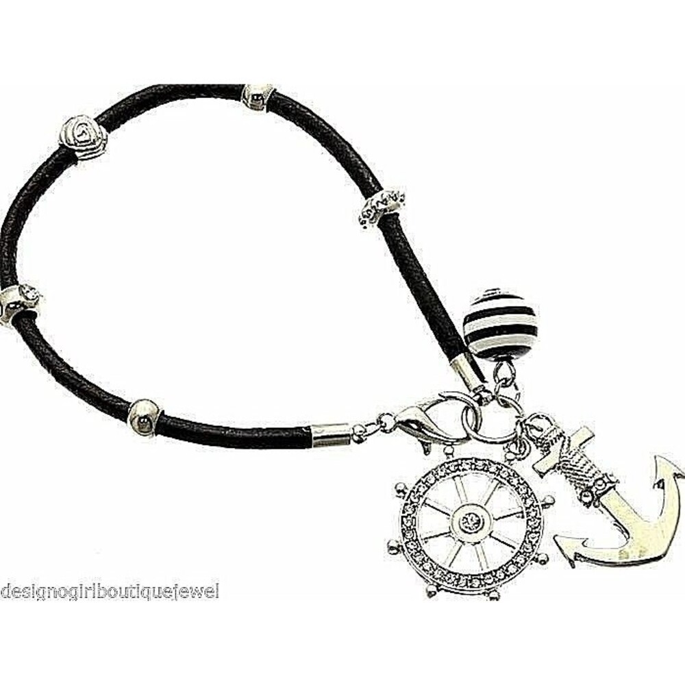 Nautical Anchor Bracelet Black Cord Silver Ship Wheel Beach Coastal Jewelry